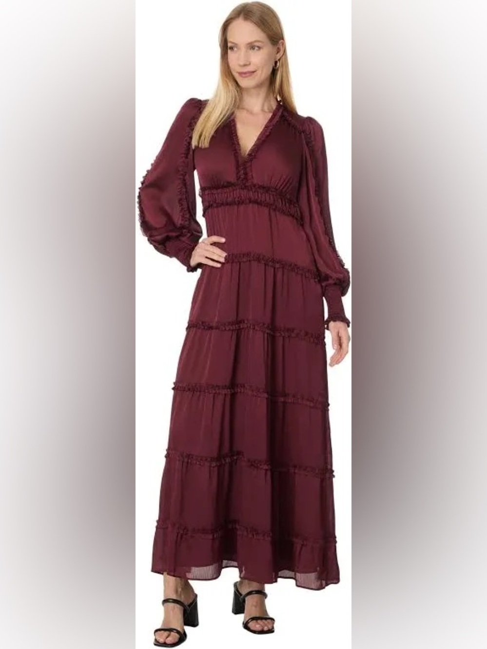 Women’s Tiered Long Sleeve Maxi Dress - Burgundy